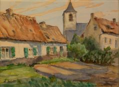 A. VALETTE WATERCOLOUR DRAWING Continental thatched cottages with church in the background Signed,