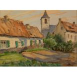 A. VALETTE WATERCOLOUR DRAWING Continental thatched cottages with church in the background Signed,