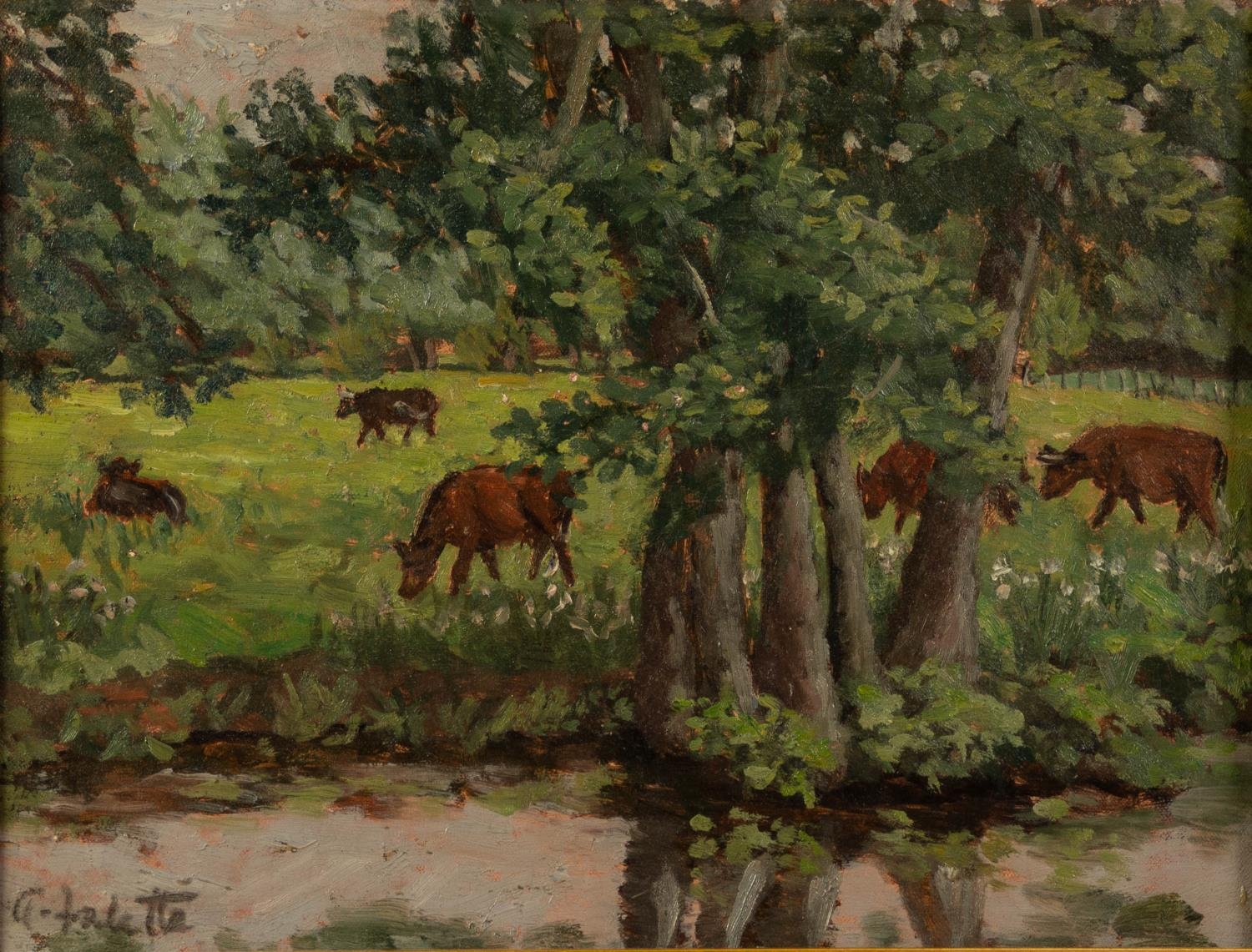 A. VALETTE OIL PAINTING ON BOARD Cattle grazing beside a river Signed 9 ¼? x 12? (23.4cm x 30.5cm)