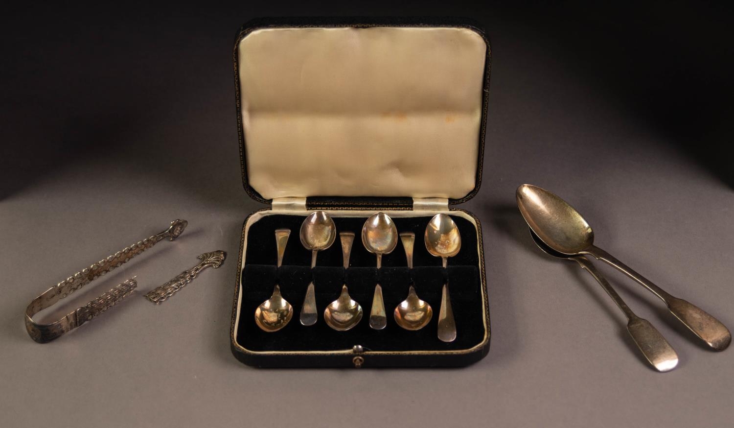 TWO NINETEENTH CENTURY FIDDLE PATTERN SILVER DESSERT SPOONS, London 1828 and 1842, initialled or