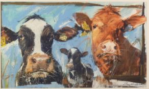 JAMES BARTHOLEMEW (b.1970) MIXED MEDIA ON PAPER Three cows Signed 10 ½? x 18? (26.7cm x 45.7cm)