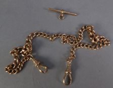 9ct GOLD DOUBLE ALBERT with graduated curb pattern links, two clips and a loose guard, 17in (43cm)