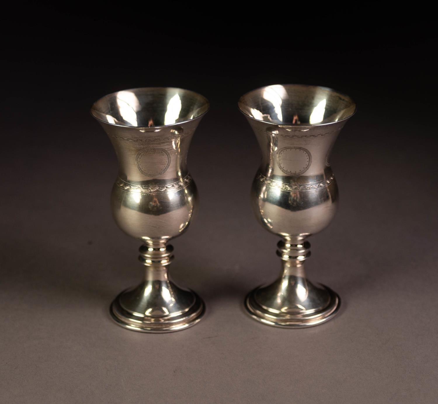 PAIR OF WRIGGLE ENGRAVED SILVER SMALL WINE GOBLETS, each with thistle shaped bowl, knopped stem