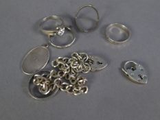 SILVER CURB LINK BRACELET and padlock, silver padlock CLASP, a small silver OVAL PENDANT and 5