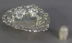 LATE VICTORIAN PIERCED AND EMBOSSED SWEET MEAT DISH, heart shaped with fancy pierced and ribbon