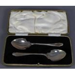 GEORGE V CASED PAIR OF SILVER PRESERVE SPOONS BY MARTIN HALL & Co, each with spade shaped bowl,