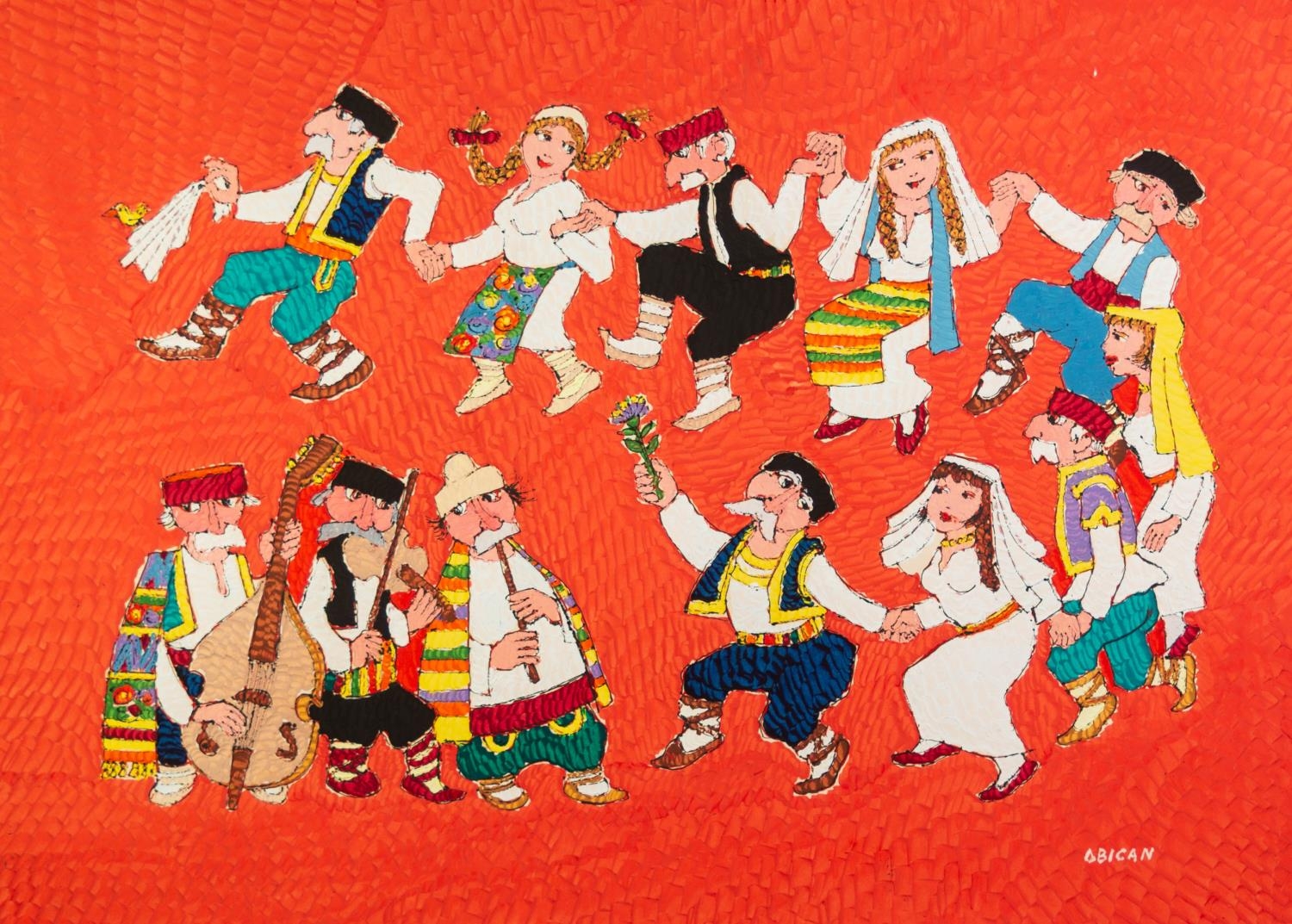 JOVAN OBICAN (1918-1986) ACRYLIC PAINTING Folk dancers and a trio of musicians Signed 18? x 25? (