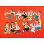 JOVAN OBICAN (1918-1986) ACRYLIC PAINTING Folk dancers and a trio of musicians Signed 18? x 25? (