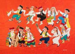 JOVAN OBICAN (1918-1986) ACRYLIC PAINTING Folk dancers and a trio of musicians Signed 18? x 25? (