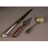 CAKE KNIFE WITH FILLED SILVER PISTOL GRIP HANDLE, together with a VICTORIAN SILVER CASTER SPOON,