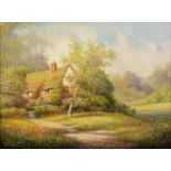 PAUL MORGAN (b.1940) OIL ON BOARD Thatched cottage in a wooded landscape Signed 11 ¼? x 15 ¼? (28.