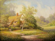 PAUL MORGAN (b.1940) OIL ON BOARD Thatched cottage in a wooded landscape Signed 11 ¼? x 15 ¼? (28.