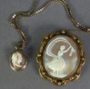 LATE VICTORIAN CARVED SHELL CAMEO BROOCH in pinchbeck mount, with locket reverse and safety chain,