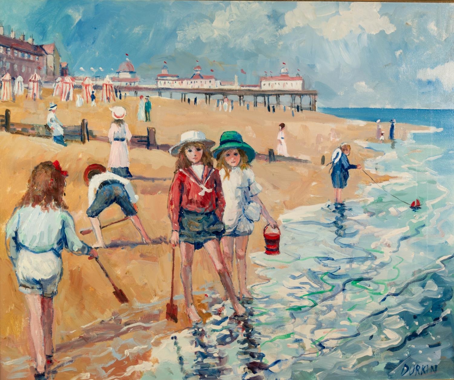 TOM DURKIN (1928-1990) ACRYLIC ON CANVAS Beach scene with children at the water?s edge Signed