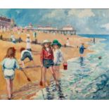 TOM DURKIN (1928-1990) ACRYLIC ON CANVAS Beach scene with children at the water?s edge Signed