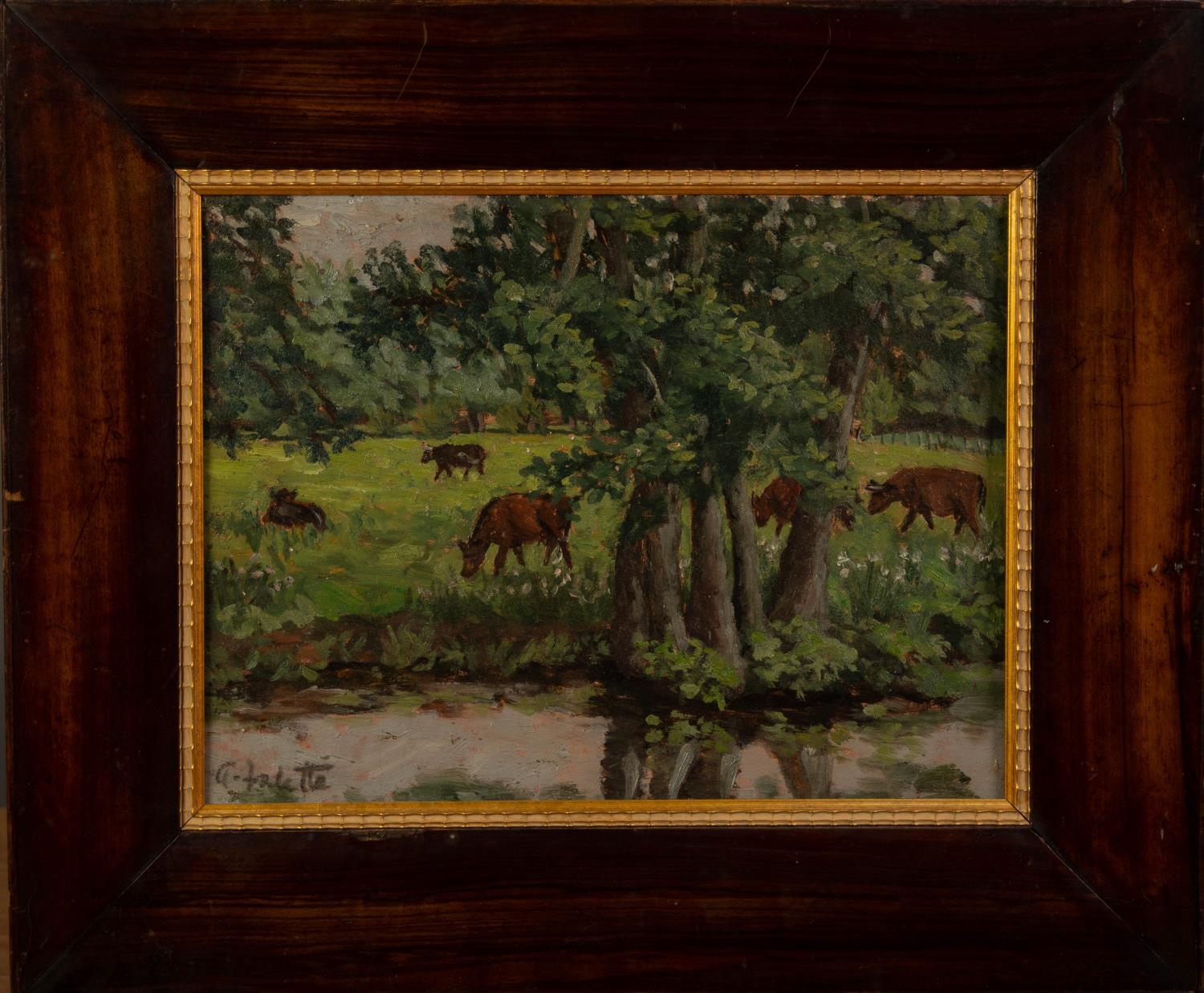 A. VALETTE OIL PAINTING ON BOARD Cattle grazing beside a river Signed 9 ¼? x 12? (23.4cm x 30.5cm) - Image 2 of 4