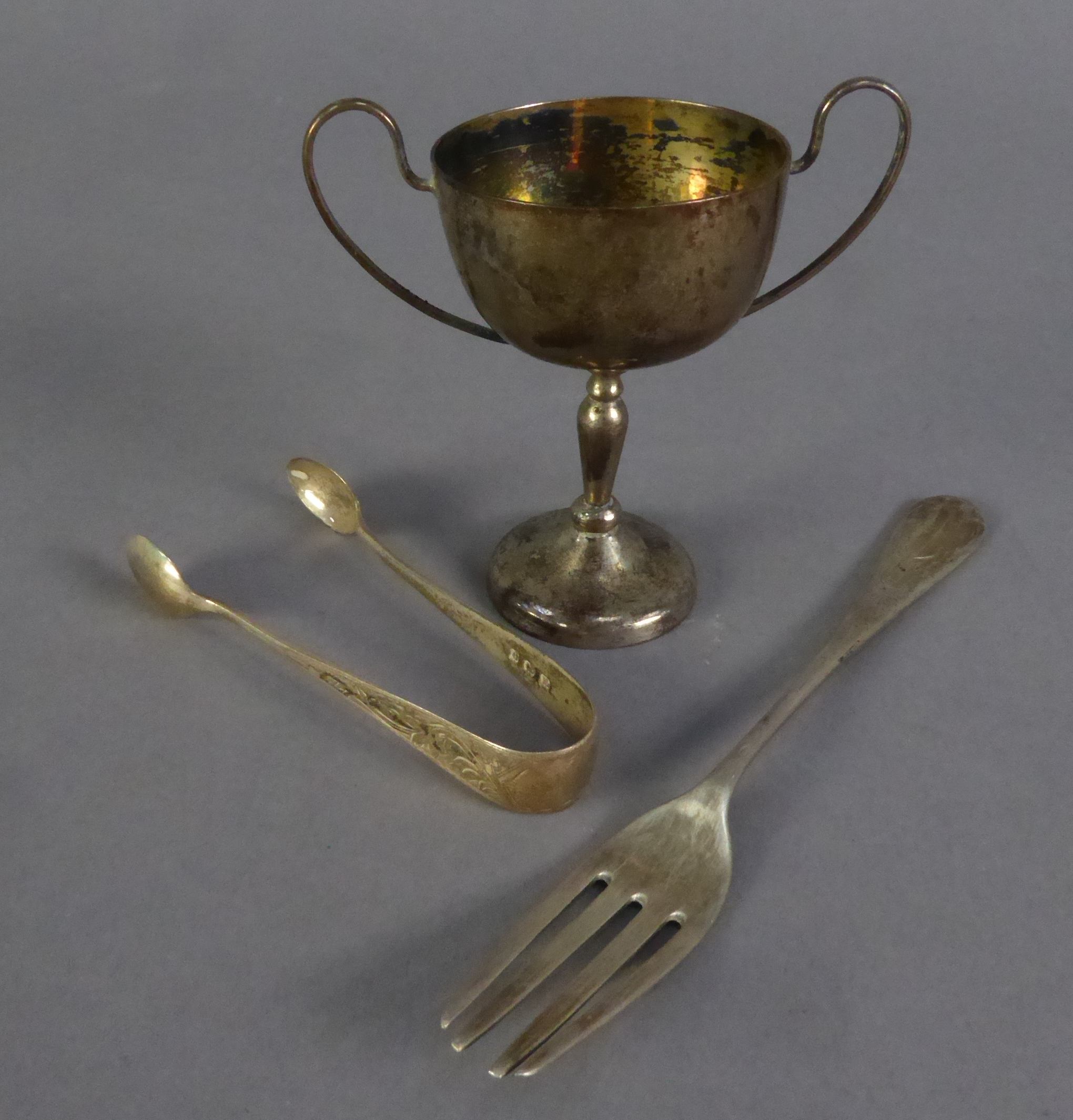 THREE SMALL PIECES OF SILVER, comprising; TWO HANDED TROPHY CUP, with four line inscription, dated