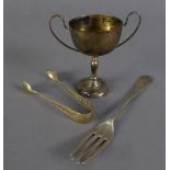 THREE SMALL PIECES OF SILVER, comprising; TWO HANDED TROPHY CUP, with four line inscription, dated