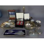 MIXED LOT OF ELECTROPLATE, to include: CANTED OBLONG SWING HANDLED CAKE BASKET, TWO HANDLED CIRCULAR