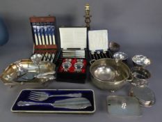MIXED LOT OF ELECTROPLATE, to include: CANTED OBLONG SWING HANDLED CAKE BASKET, TWO HANDLED CIRCULAR