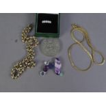 SIX LOOSE STONES; two metal chain NECKLACES; a paste set five stone RING and a 1977 CROWN COIN (10)