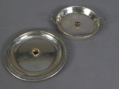 TWO ITALIAN SILVER COLOURED METAL (800 STANDARD) SMALL CIRCULAR DISHES WITH ENAMELLED FOOTBALL