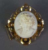 EDWARDIAN 15ct gold mounted carved shell CAMEO BROOCH with reverse locket, with safety chain, 9.6gms
