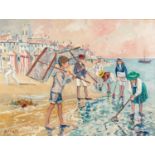 TOM DURKIN (1928-1990) ACRYLIC ON CANVAS Beach scene with children with fishing and shrimping nets