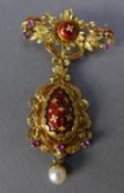 ITALIAN GOLD AND RED ENAMELLED BAROQUE BROOCH/PENDANT, the fob brooch top wing shaped and foliate
