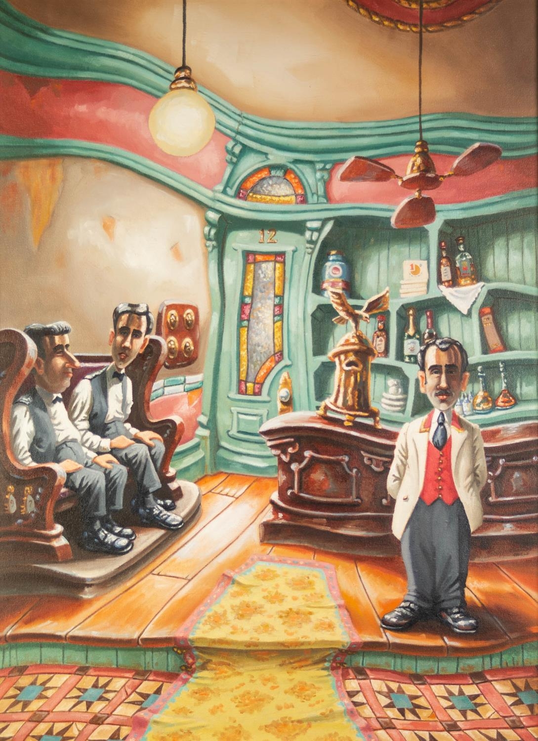 CHARLES SHIELS (1947-2012) OIL ON CANVAS Restaurant interior with waiters and maitre d? Unsigned