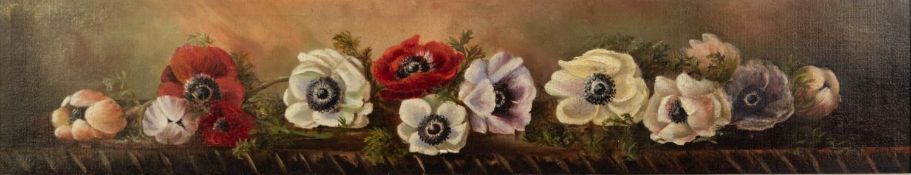 UNATTRIBUTED (TWENTIETH CENTURY) OIL PAINTING ON BOARD Still life- anemones on a wooden shelf