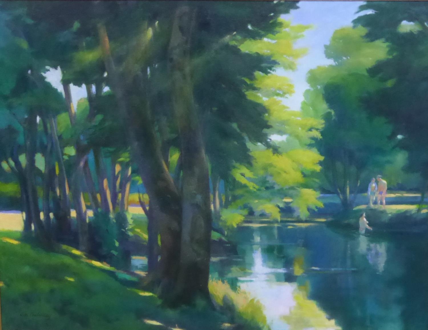 HAROLD W CRITCHLEY (1925-2001) OIL PAINTING ON CANVAS A river landscape in France, with three