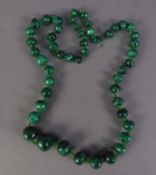 CONTINUOUS SINGLE STRAND OF GRADUATED ROUND MALACHITE BEADS, with glass micro bead separators