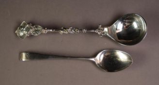 FANCY, EMBOSSED SILVER SPOON with portrait top, fancy handle and pear shaped bowl, 8? (20.3cm) long,