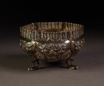 UNMARKED MIDDLE EASTERN EMBOSSED SILVER COLOURED METAL SUGAR BOWL, of shaped, circular form with