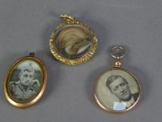 An EDWARDIAN GOLD COLOUR METAL CIRCULAR PENDANT hair locket, also a 9ct gold PENDANT LOCKET with