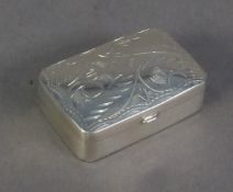 SMALL SILVER OBLONG PILL BOX, hinged lid with foliate scroll engraved decoration, 1 1/4in (3.2cm)