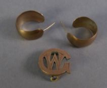 PAIR OF GOLD COLOURED METAL BROAD HOOP EARRINGS and a gold plated monogram BROOCH W.G. (pin missing)