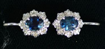 PAIR OF WHITE GOLD (unmarked) SAPPHIRE AND DIAMOND EARRINGS for pierced ears, each set with an