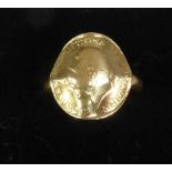 21ct GOLD RING with George V 1911 coin top (bent to follow the curve of the ring), 5.8 gms, ring