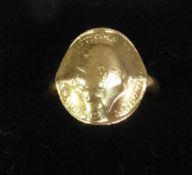 21ct GOLD RING with George V 1911 coin top (bent to follow the curve of the ring), 5.8 gms, ring