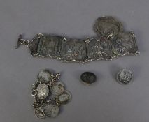 SILVER CURB PATTERN CHAIN BRACELET with ring clasp and seven pendant George V silver threepenny