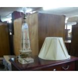 A LARGE COLUMN TABLE LAMP AND SHADE, A MODERN ANODISED METAL UPLIGHTER STANDARD LAMP, WITH