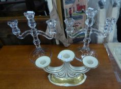 PAIR OF TYRONE CRYSTAL 3 BRANCH MOULDED GLASS CANDELABRA AND A KOENIGSZELT 3 BRANCH CERAMIC