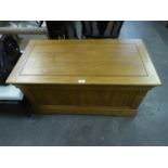 AN OAK BLANKET CHEST WITH FRAMED TWO PANEL FRONT