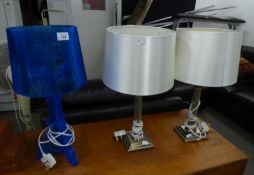 BLUE PERSPEX TRANSPARENT TABLE LAMP AND SHADE OF QUALITY DESIGN, AND A PAIR OF TABLE LAMPS HAVING