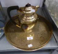 AN ELECTROPLATE OVULAR COFFEE POT WITH WOOD HANDLE AND FINIAL AND AN EP CHASED CIRCULAR GALLERY TRAY