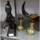 EGYPTIAN CARVED BLACK SOAPSTONE MODEL OF HORUS IN THE FORM OF A BIRD, on oblong base, 10? high,