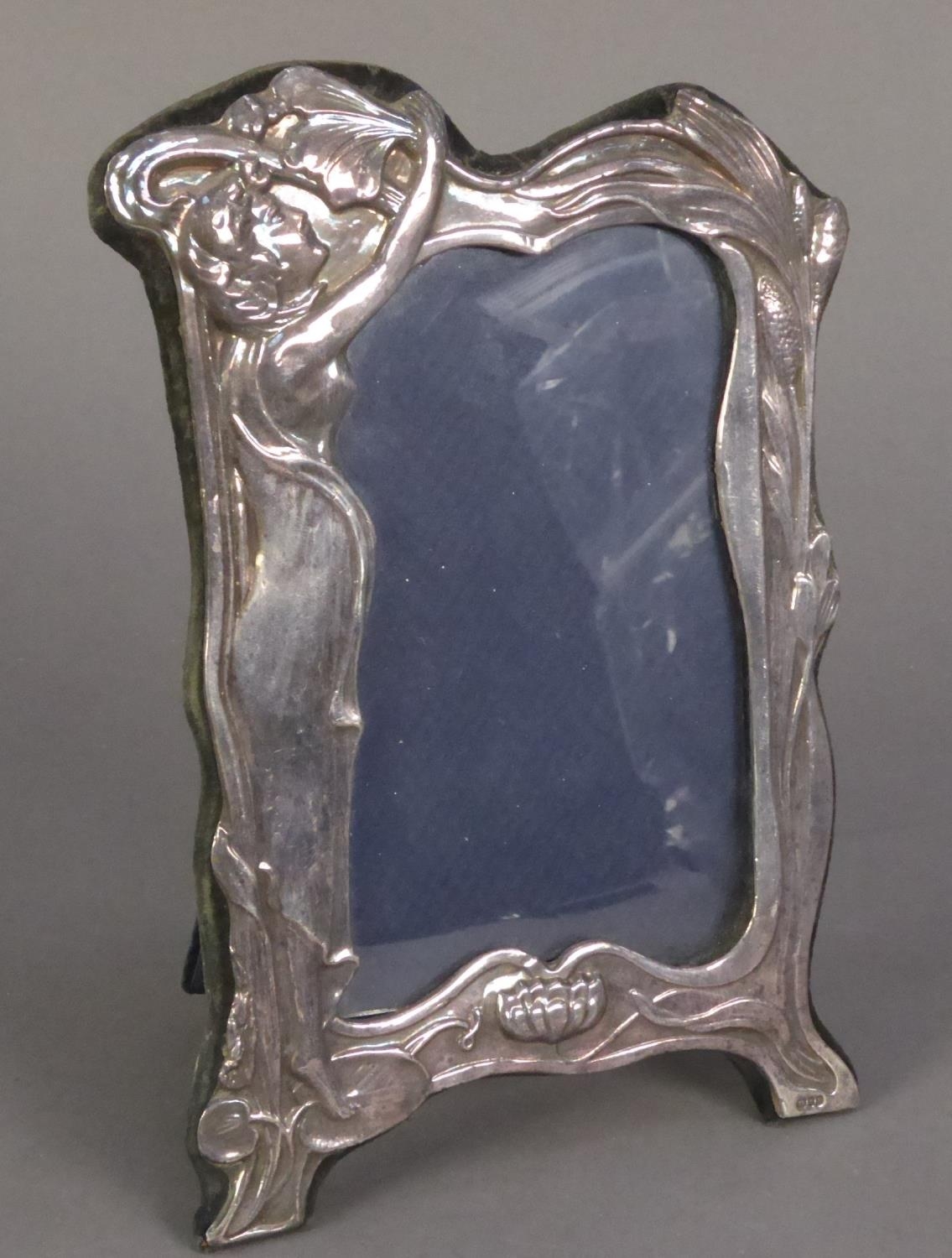 MODERN EMBOSSED SILVER FRONTED DESK TOP PHOTOGRAPH FRAME, with Art Nouveau female figure and plush - Image 2 of 2