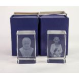 LEAD CRYSTAL SQUARE SECTION\OBLONG PAPERWEIGHT WITH 3d LASER IMAGE BUST OF CHURCHILL, and  ANOTHER